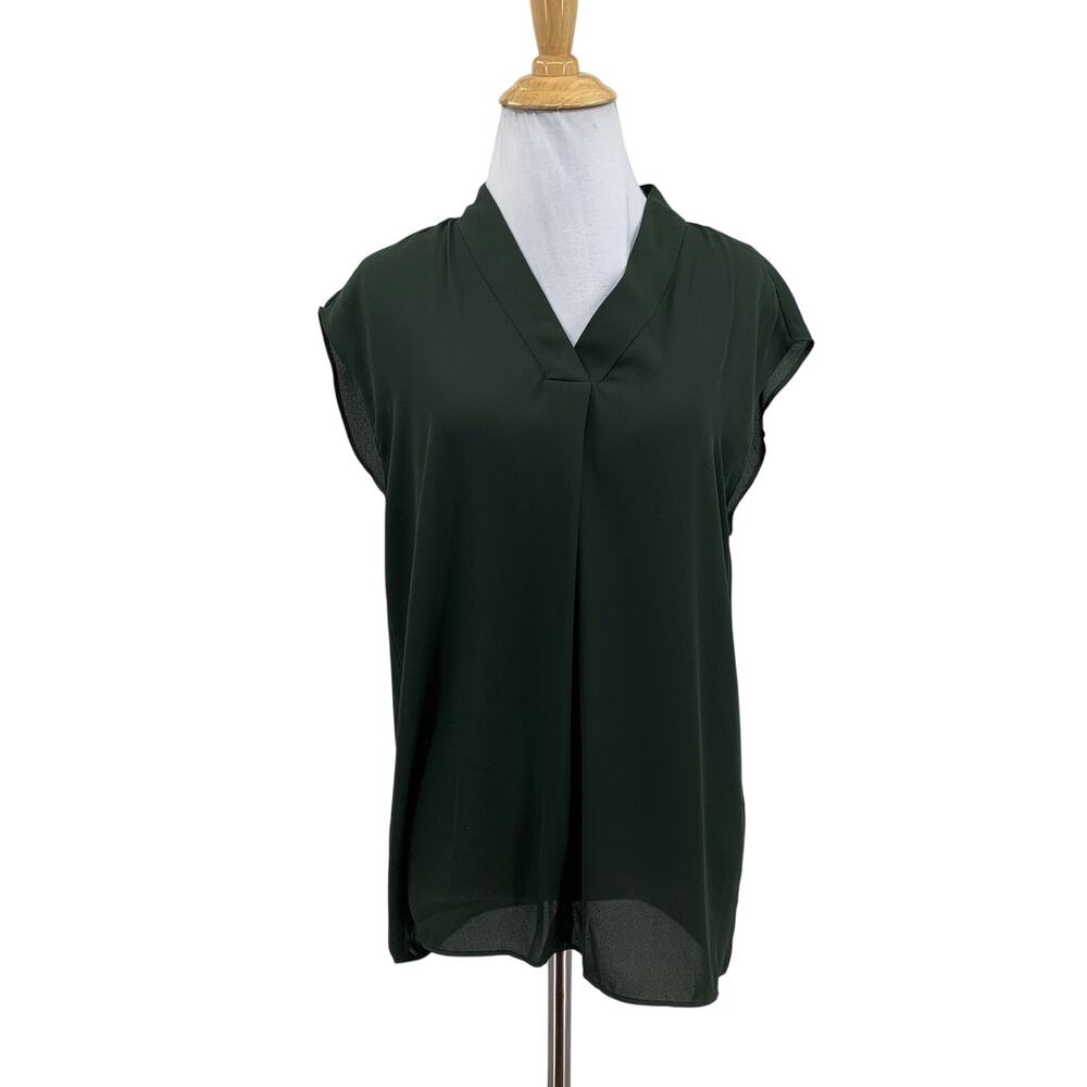 Halston Blouse Womens XS Extra Small Hunter Green Cap Sleeve V Neck Pleated